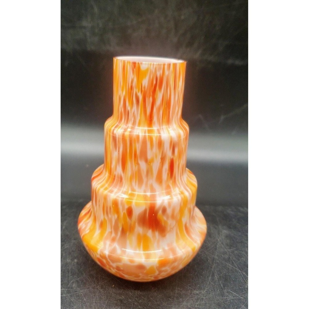 Antique Art Deco Gebruder Funk German Art Glass Vase Orange White Spatter 5.25&q